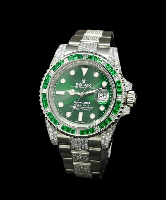 Rolex Submariner 40mm Acier | Custom Émeraude / Diamants 🟢