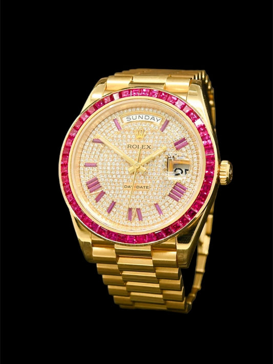 Rolex Day-Date Président Or 18K | Custom Rubis 🟥